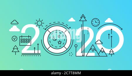 Vektor-Illustration für das Konzept der dünnen Linie. Website-Schnittstelle kreative lineare Design mit abstrakten flachen 2020 Wort, Planung Symbole des Sommers Outdoor-Abenteuer in der Natur, Wochenende Reise Aktivität Stock Vektor