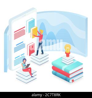 Online-Bildung isometrische Vektor-Illustration. Moderne Universität. Zugriff auf Informationen. Forschung und Lernen. Studieren von Kursen. Virtuelle Plattform. Internet-Bibliothek Cartoon konzeptionelle Design-Element Stock Vektor