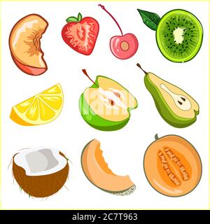 Elemente Packung von Obst Scheiben und in der Mitte geschnitten. Vegetarische kleine Reihe von natürlichen Sommerfutter. Stock Vektor