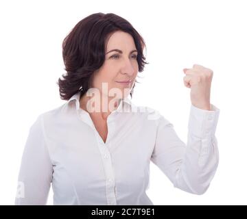 Wütend reife Frau isoliert auf weißem Hintergrund Stockfoto