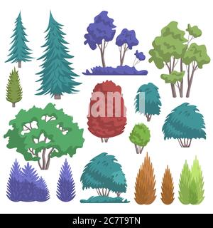 Vektorgrafik Parkbaum. Cartoon flache Natur Landschaft Sammlung mit bunten Wald, Stadtpark oder Gartenbäumen und Strauch für parkway, Holz natürlichen Umwelt im Freien auf weiß isoliert Stock Vektor