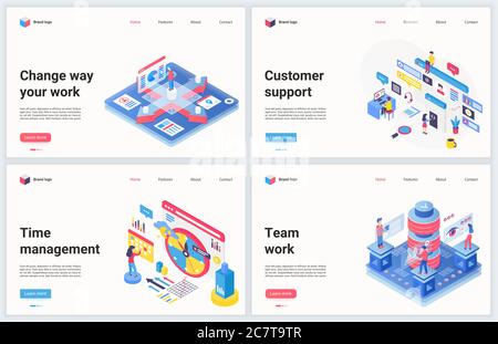 Isometrische Arbeitstechnologie Optimierung Vektor Illustration. Kreatives Konzept Banner-Set, Interface-Webseitendesign mit Cartoon 3d erfolgreiche Business-Teamarbeit und Optimierung Zeitmanagement-Strategie Stock Vektor