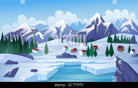 Winter See flach Vektor-Illustration. Ländliche Landschaft, Landschaft, Hochland, Bergdorf, Seenhäuser, kleine Ferienhäuser. Wintertag, kaltes Wetter, gefrorener Teich, Eis auf der lough Oberfläche Stock Vektor
