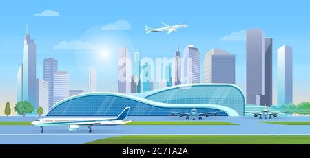 Vektorgrafik: Flughafen der Stadt. Cartoon flaches Flughafenterminal modernes kreatives Gebäude, Flugzeuge warten auf Flug, Flugzeuge starten und landen auf der Landebahn, Stadtbild mit Wolkenkratzern Hintergrund Stock Vektor