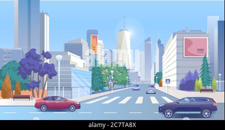 Stadtstraße Innenstadt Vektor-Illustration. Cartoon 3d Stadtpanorama Stadtbild, Business-Office-Center mit Wolkenkratzer Tower-Gebäude, leerer Fußgängerüberweg und Auto auf der Straße, Sommer Stadt Szene Hintergrund Stock Vektor