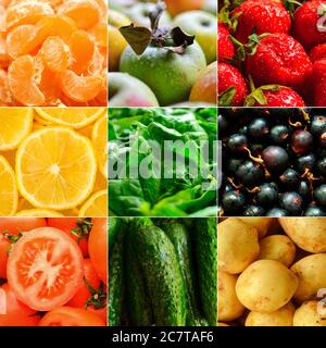 Saftig reifes Gemüse und Früchte. Gesunde, frische Lebensmittel. Vegetarismus und Veganismus. Lebensmittelcollage. Collage aus Gemüse. Eine Vielzahl von pflanzlichen Lebensmitteln. Stockfoto