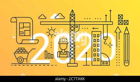 Konstruktion Technik dünne Linie Konzept Vektor Illustration. Website Interface kreatives lineares Design mit abstrakten flachen 2020 Wörtern, moderne Architekturplanungssymbole, Konstruktionstechnik Stock Vektor