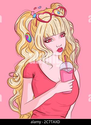Blonde Anime Mädchen hält eine Tasse Kunststoff in der Hand. Rosa Lolita Frau von Süßigkeiten auf ihren Haaren umgeben. Stock Vektor