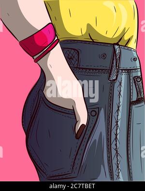 Frau mit der Hand auf der Gesäßtasche der Hose. Jeans in Denim Blau Closeup Illustration. Stock Vektor