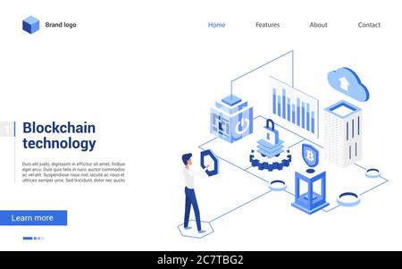 Isometrische Blockchain Krypto-Technologie Vektordarstellung. 3d Cartoon winzige Menschen arbeiten mit Blockchain, Geld verdienen Kryptowährungsanalyse, Handel oder Austausch Bitcoin Konzept Interface Website-Design Stock Vektor