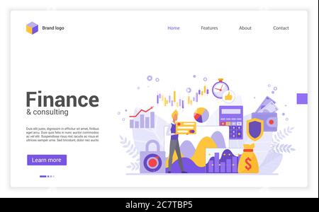 Business Finance flaches Design Vektor Illustration Landing Page Vorlage. Fachexperte berät zu verschiedenen finanziellen Fragen, Wirtschaftsprognosen, Strategieplanung, Marktforschung und Investitionen Stock Vektor