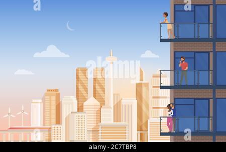 Apartment Balkon mit Blick auf die Stadt Vektor-Illustration. Cartoon Wohnung paar Menschen, Mann Frau Charaktere Ruhe und Entspannung, genießen Sie Panorama-Stadtlandschaft mit schönen modernen Gebäude, Büro Wolkenkratzer Stock Vektor