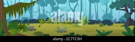 Tropischer Dschungel Panorama Cartoon Vektor Illustration Hintergrund. Panorama-Spiel-Design wilde Welt Natur Wald, dichte Vegetation, grüne hohe Bäume, verschiedene Pflanzen, Gras, Lianen Stock Vektor