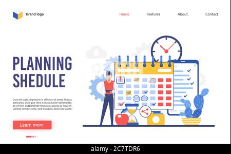 Vektordarstellung des Planungszeitplans. Cartoon Wohnung Geschäftsmann Charakter macht Plan der Arbeit im Organisator Erinnerung oder Planer. Interface Website Design für die Planung, Timing-Strategie Stock Vektor