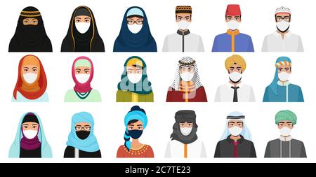 Ost Männer und Frauen in Masken Cartoon flache Vektor Illustration Set isoliert. Muslimische Araber in traditioneller nationaler Kleidung mit Schutzmasken zur Vermeidung von Luftverschmutzung, Coronavirus covid-19 Stock Vektor