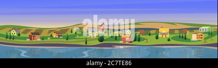 Schöne kleine Stadt Wohnung Cartoon Landschaft Landschaft Panorama Hintergrund Vektor Illustration. Breiter klarer ruhiger Fluss, Häuser zwischen Bäumen am Flussufer, große grüne Felder. Kleine europäische Stadt. Stock Vektor