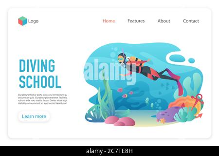 Professioneller Taucher Mann unter Wasser. Diveng Club. Tauchschule Landing Page Vorlage Vektor Illustration Stock Vektor