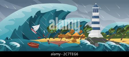 Tsunami flach Cartoon Seascape Panorama Landschaft Vektor Illustration Hintergrund. Panorama der schrecklichen Naturkatastrophe, riesige Welle, bedeckt ruhige kleine Insel mit Leuchtturm, Palmenhütten und Yachten Stock Vektor