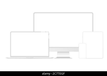 Neue Version von weichen weißen modernen Premium-elektronischen Geräten Set mockup. Computer, Laptop, Pad Tablet und Smartphone realistische hochwertige Vektor-Illustration Stock Vektor