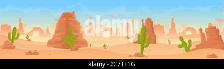 Steinigen sandigen Wüste Landschaft Panorama flach Cartoon Vektor Illustration Hintergrund. Panorama wild leblose Natur, heiß trocken wasserlos Boden unter sengender Sonne, grüne Kakteen. Horizontales Banner-Spiel Stock Vektor