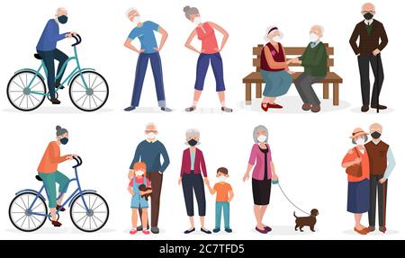 Aktive Großeltern alte Senioren Menschen in medizinischen Gesichtsmaske. Quarantäne, Stop Coronavirus 2019-nCoV, COVID-19, SARS-CoV-2 Epidemie Vektor Illustration. Stock Vektor