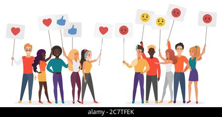 Menschen halten Emoji Emotionen Plakate flache Vektor-Illustration. Soziale Zufriedenheit und Schichtung Konzept. Wütend und glücklich Gruppen von Menschen Charaktere isoliert Stock Vektor