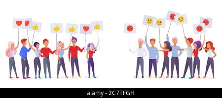 Menschen halten Emoji Emotionen Plakate flache Vektor-Illustration. Soziale Zufriedenheit und Schichtung Fragen Konzept. Gemeinschaftsgruppen protestieren und Gefühle ausdrücken Stock Vektor