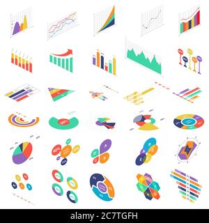 Flache isometrische 3D-Infografik Elemente Symbole Grafik-Charts für Finanzgeschäft Präsentation gesetzt. Daten Statistiken Diagramme Infografiken Vektor Illustration Stock Vektor