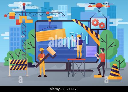 Im Aufbau Website Banner Vektor Illustration. Wartungsseite oder 404 Fehler woth Monitor Bildschirm, Bauherren, Ingenieure, Industriekran und Gebäude Stock Vektor