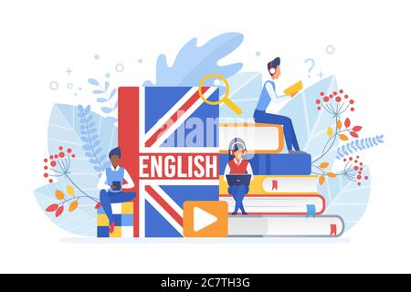 Menschen lernen Englisch isometrische Vektor Illustration. Fernunterricht, Online-Lernkonzept. Studenten Bücher lesen 3d-Zeichentrickfiguren. Verwendung von Hightech-Gadgets für den Unterricht von Fremdsprachen Stock Vektor