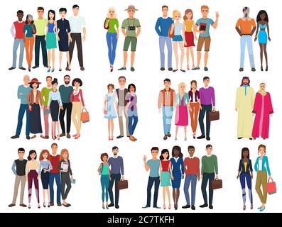 Personen Gruppen und Paare Sammlung. Diverse Cartoon Menschen im Büro und lässig Outfits Kleidung, junge Studenten isoliert Vektor Illustration Stock Vektor