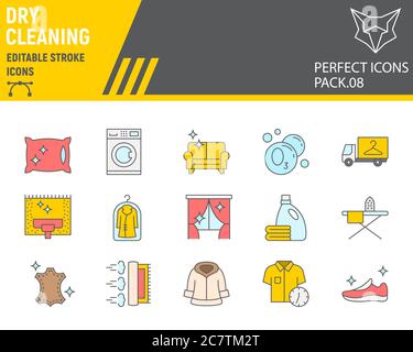 Chemische Reinigung Farblinie Icon-Set, Wäsche Symbole Sammlung, Vektor-Skizzen, Logo-Illustrationen, chemische Reinigung Symbole, Waschen Zeichen bunt linear Stock Vektor