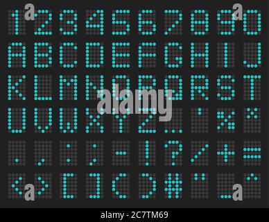 Blau grün LED digital Board Schriftart. Elektronische Zahlenanzeige digitale Großbuchstaben, Zahlen und Symbole. Vektorgrafik für die Schriftart eines Flughafenflugplans Stock Vektor