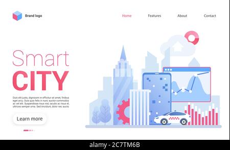 Stadtlandschaft mit Gebäuden, Smart Cars und elektronischen Geräten. Elegante, moderne Stadt. Konzept Website Vorlage Layout Vektor Illustration Stock Vektor