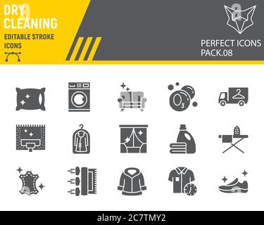 Chemische Reinigung Glyphen Icon Set, Wäsche Symbole Sammlung, Vektor-Skizzen, Logo-Illustrationen, chemische Reinigung Symbole, Waschen Zeichen solide Piktogramme Stock Vektor