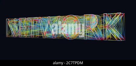 Lettering Network, Buchstaben mit farbigen Linien verbunden - 3d-Illustration Stockfoto