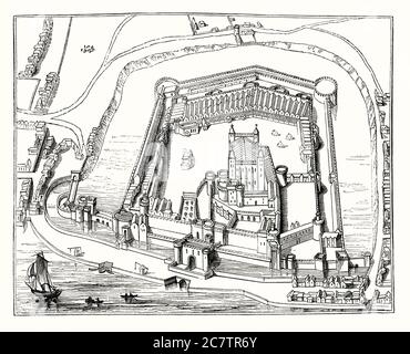 Ein alter Stich zeigt einen Plan des Tower of London, London, England, UK c. 1600. Es ist ein historisches Schloss am Nordufer der Themse im Zentrum von London. Es wurde Ende 1066 als Teil der normannischen Eroberung Englands gegründet. Der zentrale Weiße Turm wurde 1078 von Wilhelm dem Eroberer erbaut. Ein großer Palast früh in seiner Geschichte, war es eine königliche Residenz. Der Turm ist ein Komplex von mehreren Gebäuden, die in zwei konzentrischen Ringen von Verteidigungsmauern und einem Graben. Es gab mehrere Phasen der Expansion, vor allem im 12. Und 13. Jahrhundert. Das allgemeine Layout bleibt erhalten. Stockfoto