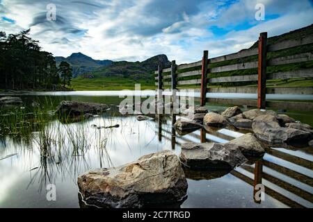 Blea Tarn an einem Summers-Abend mit Blick auf die Langdale Pikes. Das Wasser ist hoch, die großen Steine an der Küste sind halb eingetauchen. Stockfoto