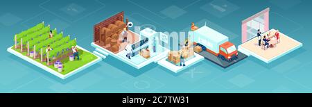 Isometrischer Vektor des Weinherstellungsprozesses, Herstellung Getränk aus der Traube, Kette von der Weinbaufarm durch die Fabrik zum Verbraucher auf einem Supermarkt Stock Vektor