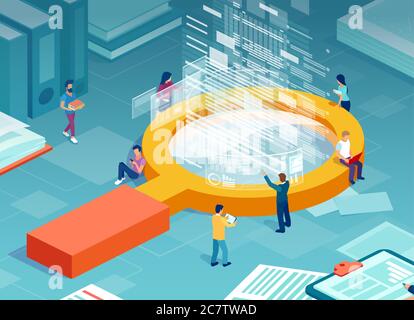 Isometrischer Vektor einer Lupe und Team, das die Datenanalyse durchführt Stock Vektor