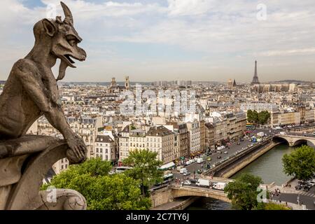 Wasserspeier auf der Kathedrale Notre Dame und Panorama von Paris, Frankreich Stockfoto