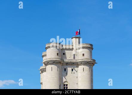 Französische Flagge winkt auf dem Burgkerker Vincennes bei Paris, Frankreich Stockfoto