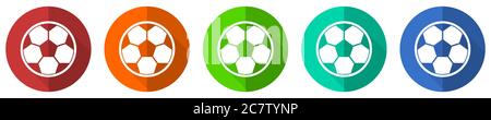 Fußball-Symbol-Set, rot, blau, grün und orange flache Design Web-Tasten isoliert auf weißem Hintergrund, Vektor-Illustration Stock Vektor