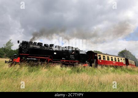 Gernrode, Deutschland. Juli 2020. Ein Zug der Harzer Schmalspurbahnen (HSB) fährt durch das sommerliche Selke-Tal bei Gernrode im Harz. Seit einigen Tagen läuft die Selketalbahn einmal täglich nach der "Sperre" durch das Coronavirus. Die Gernrode-Harzgeroder Eisenbahn-Gesellschaft (GHE) eröffnete 1887 die erste Meterspurbahn im Harz. Da die Strecke mehrere Kilometer durch das Tal des kleinen Flusses Selke verläuft, erhielt die Bahn den Beinamen Selketalbahn. Quelle: Peter Gercke/dpa-Zentralbild/ZB/dpa/Alamy Live News Stockfoto