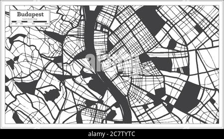 Budapest Ungarn Stadtplan in Schwarz-Weiß-Farbe im Retro-Stil. Übersichtskarte. Vektorgrafik. Stock Vektor