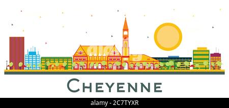 Cheyenne Wyoming City Skyline mit farbigen Gebäuden isoliert auf Weiß. Vektorgrafik. Business Travel und Tourismus Konzept mit historischen. Stock Vektor