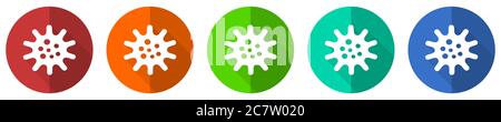 Virus Icon Set, Coronavirus, covid-19, Infektion, rot, blau, grün und orange flaches Design Web-Tasten isoliert auf weißem Hintergrund, Vektor illustratio Stock Vektor
