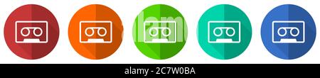 Retro-Kassette Band, Audio-Konzept Icon-Set, rot, blau, grün und orange flaches Design Web-Tasten isoliert auf weißem Hintergrund, Vektor-Illustration Stock Vektor