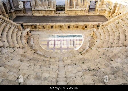 Luftaufnahme des antiken Theaters Aspendos Stockfoto