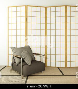 Trennpapier Holzdesign und Sessel im Wohnzimmer Tatami Boden.3D-Rendering Stockfoto